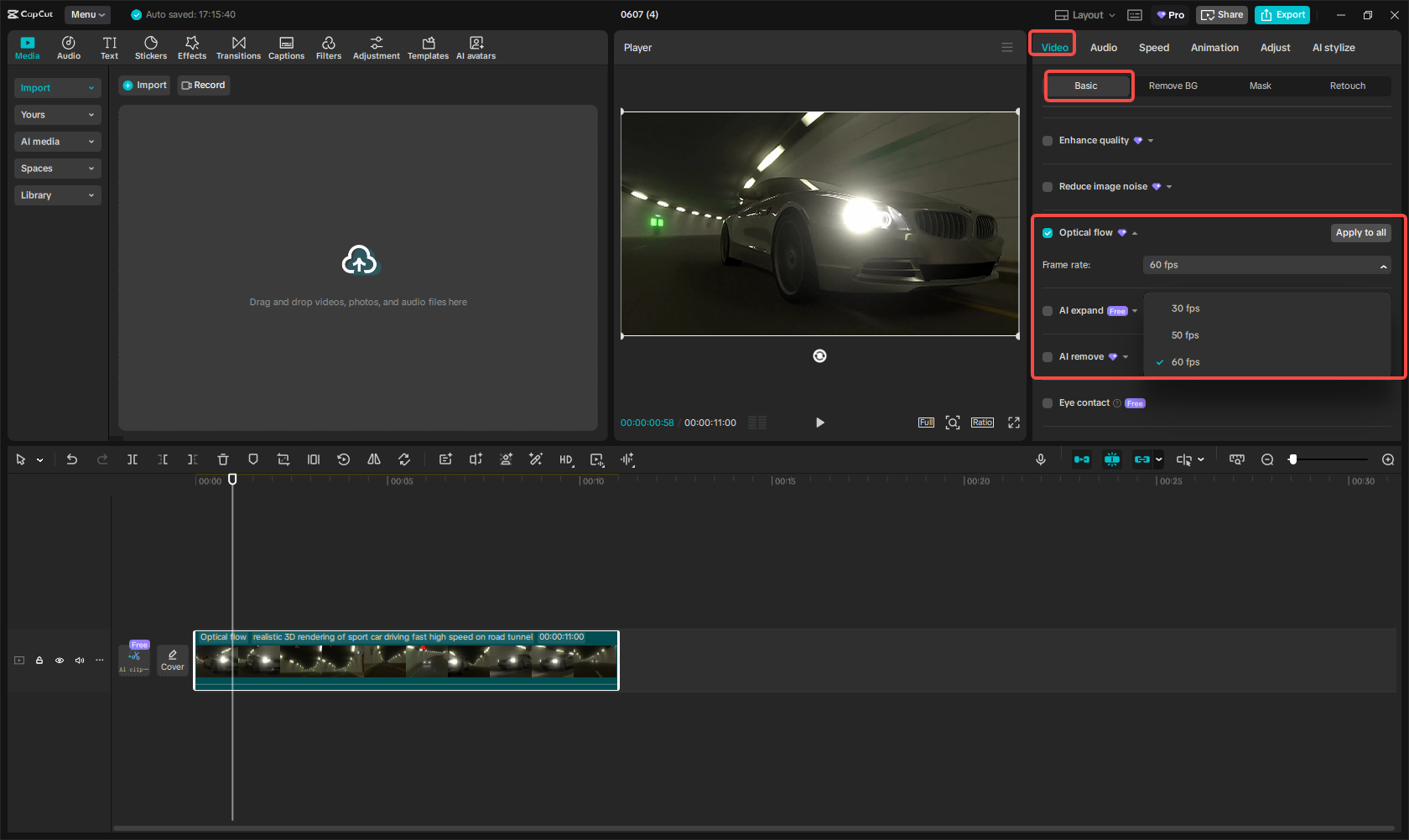 Enable optical flow from the video tab