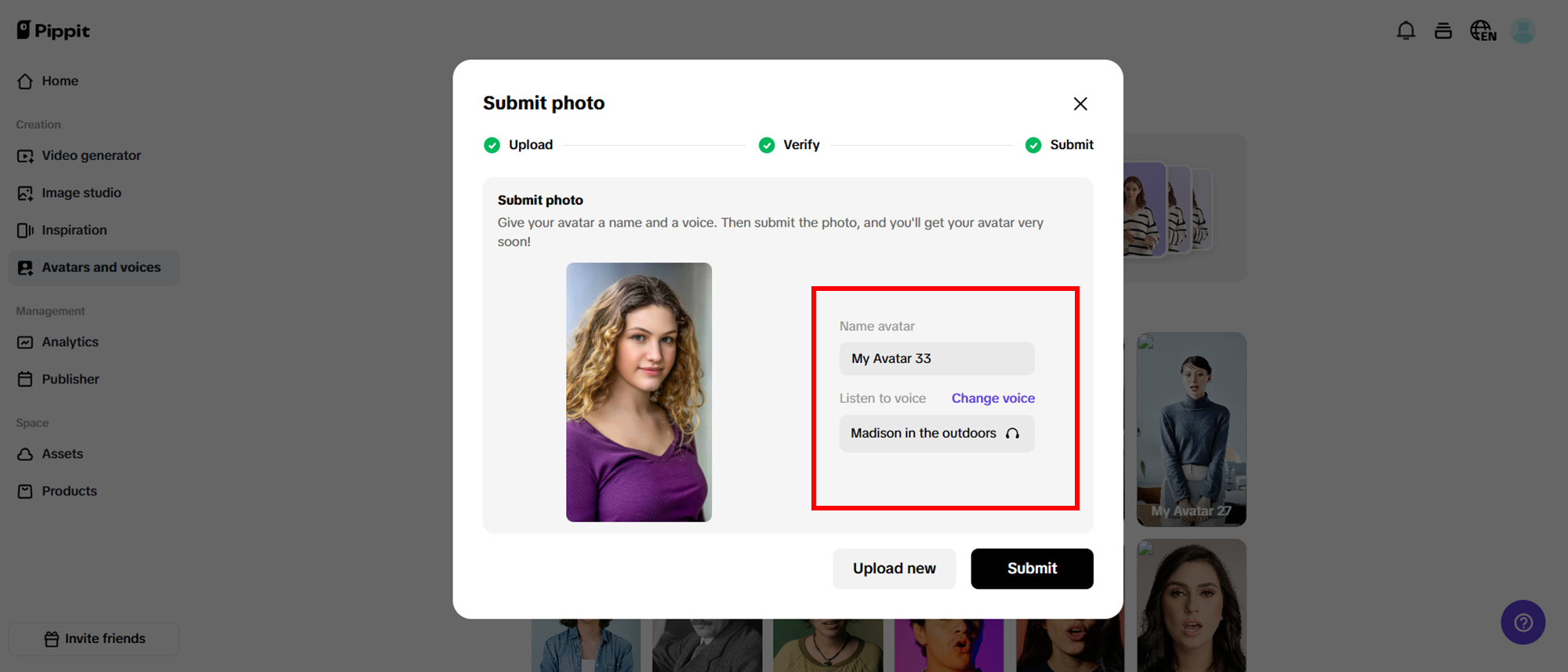 Pangalanan ang avatar, pumili ng boses, at isumite