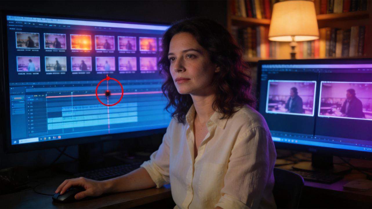 Woman editing video on dual monitors, with color-graded clips and timeline visible.