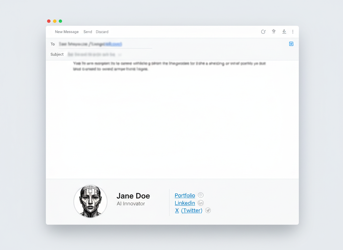 Crosshatch ink avatar in a clean email signature UI.