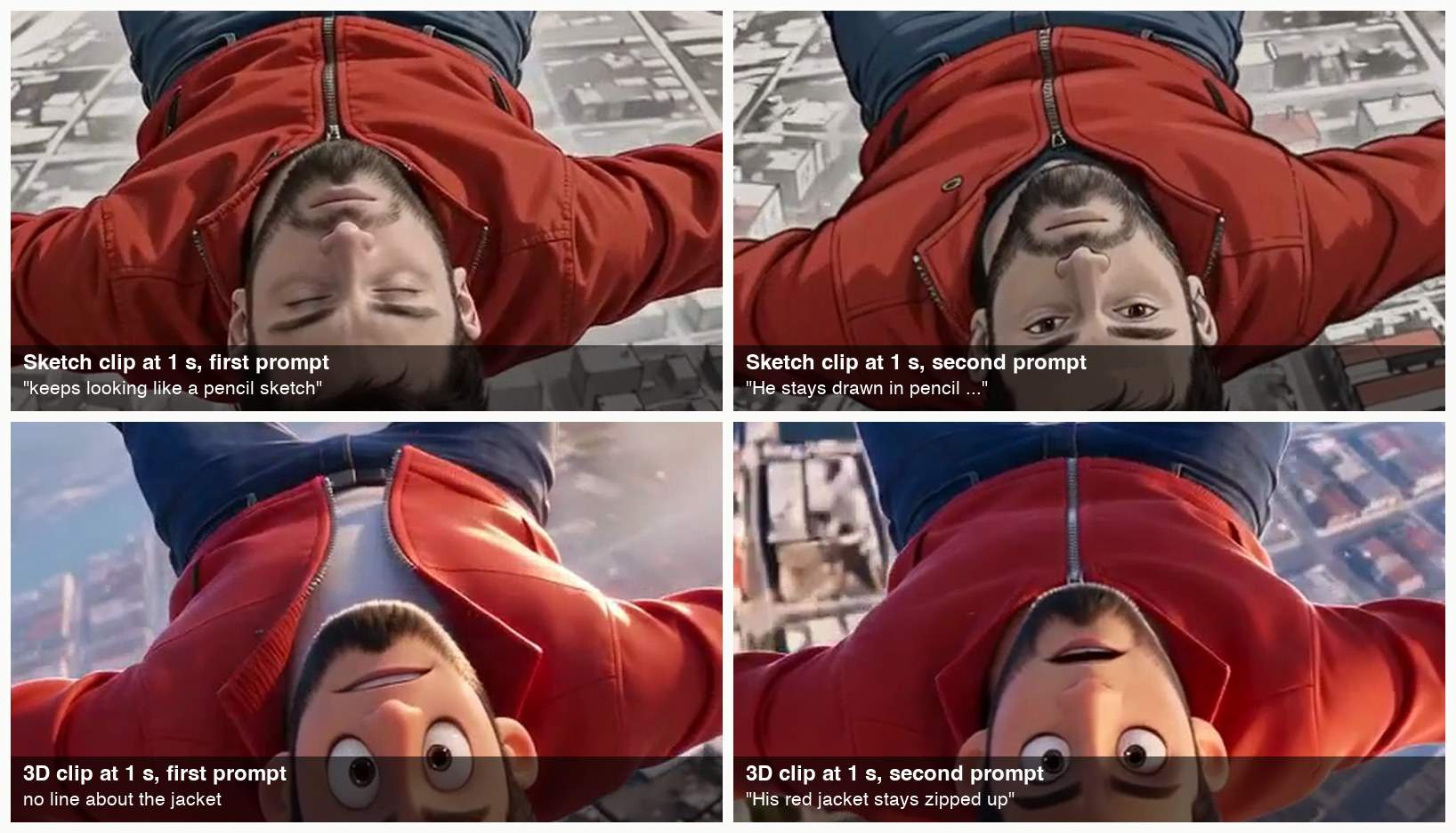 Four close-ups at one second: a photographic face in the first sketch clip, an inked and colored drawn face in the second; an open jacket over a light T-shirt in the first 3D clip, a jacket zipped to the chin in the second.