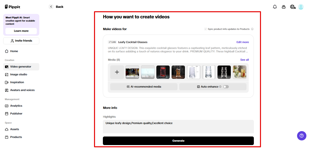Configurando configurações de vídeo no Pippit