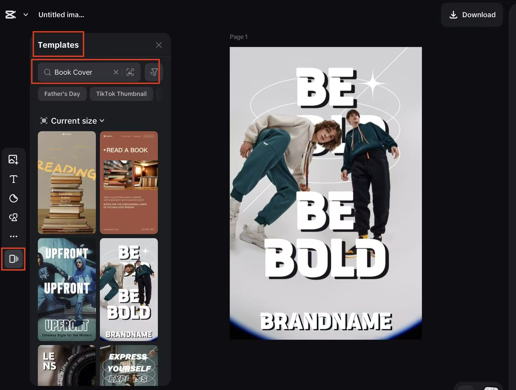 Searching for book cover templates in the CapCut editor sidebar