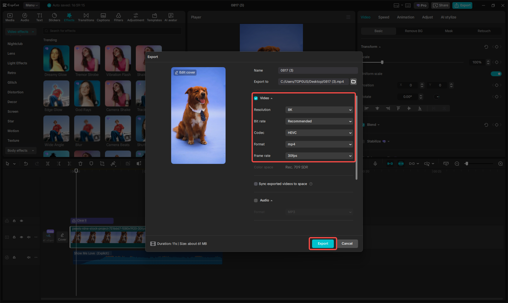 Export the video for Instagram
