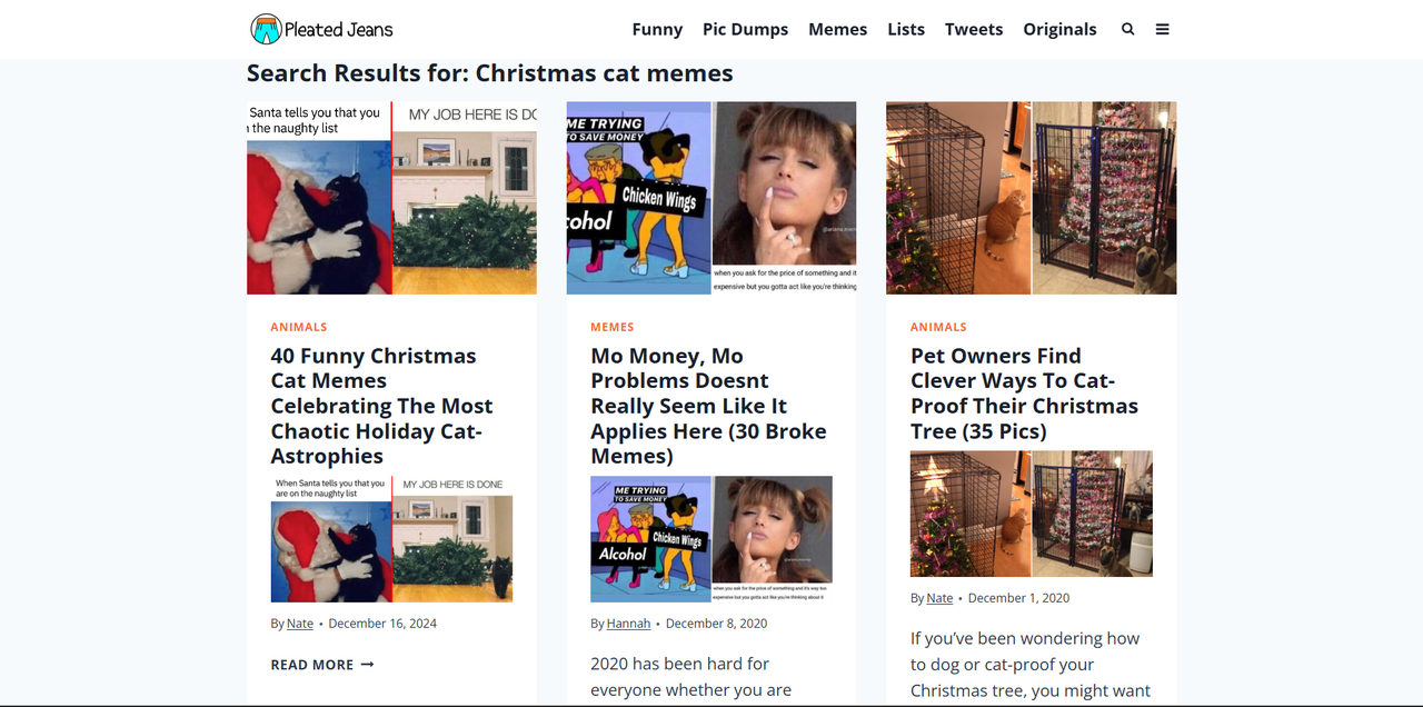 Interface of Pleated Jeans - the most liked place to get funny Christmas cat memes