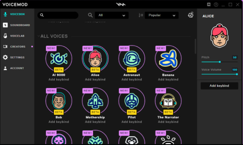 Interface of Voicemod - a good girl voice changer for Discord