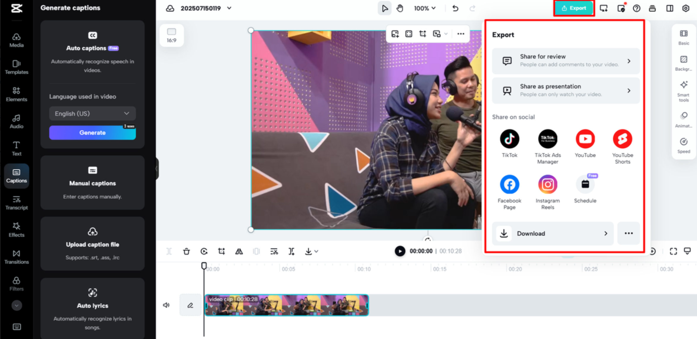การส่งออกวิดีโอจาก CapCut Web