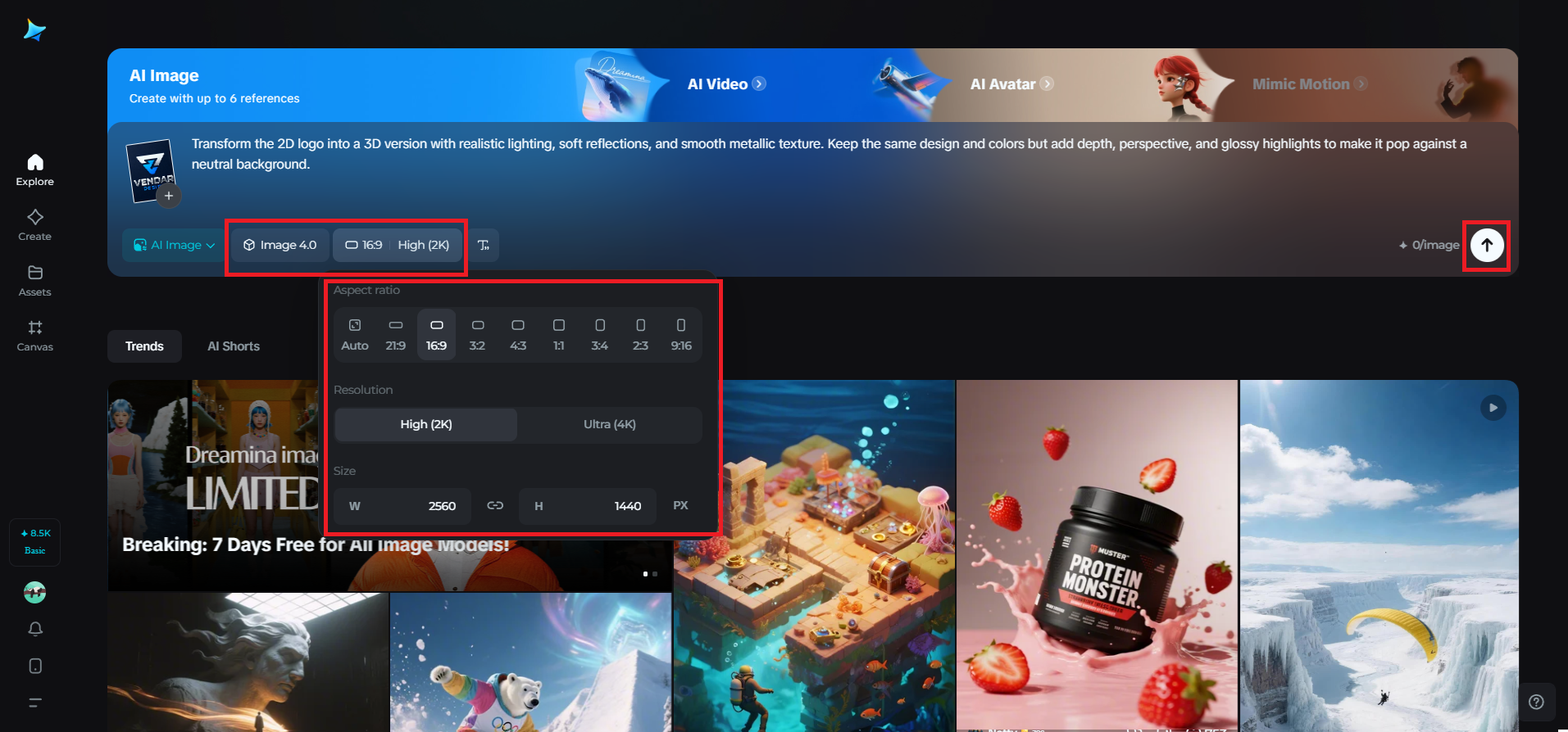 Select model, aspect ratio, and resolution settings