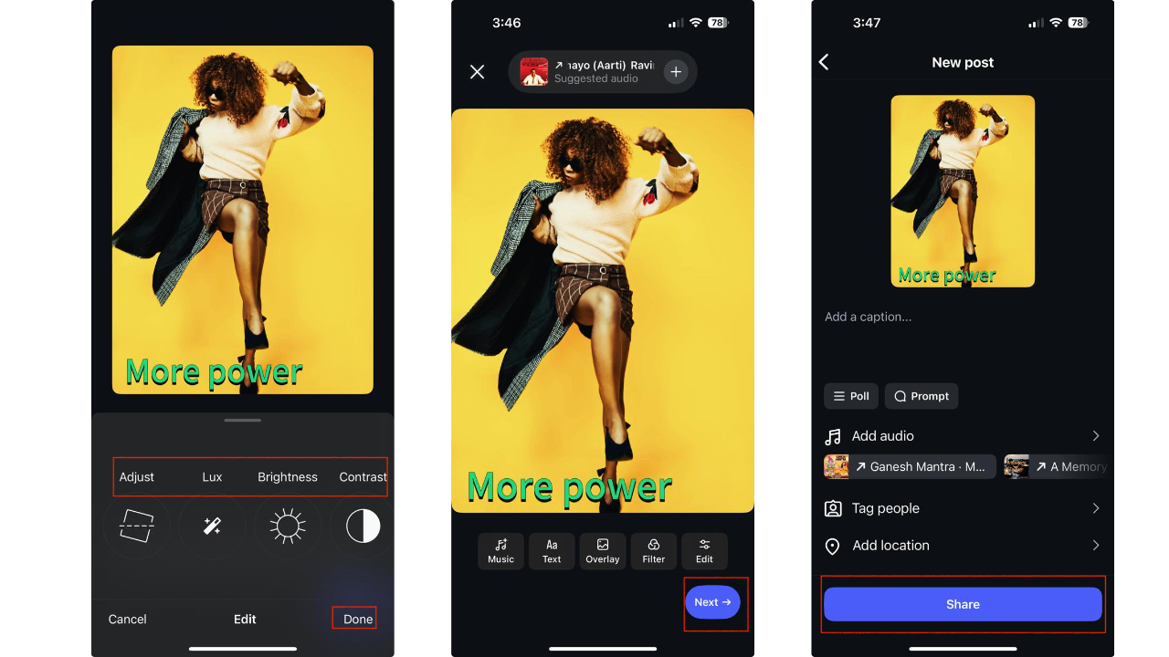 Finalize and share the photo on Instagram