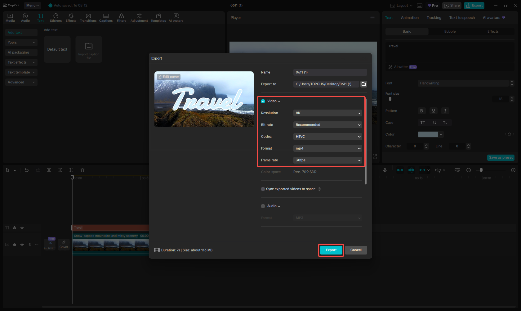 Exporting the video in CapCut