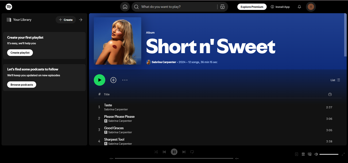 Short n’ Sweet by Sabrina Carpenter—one of the most popular albums on Spotify