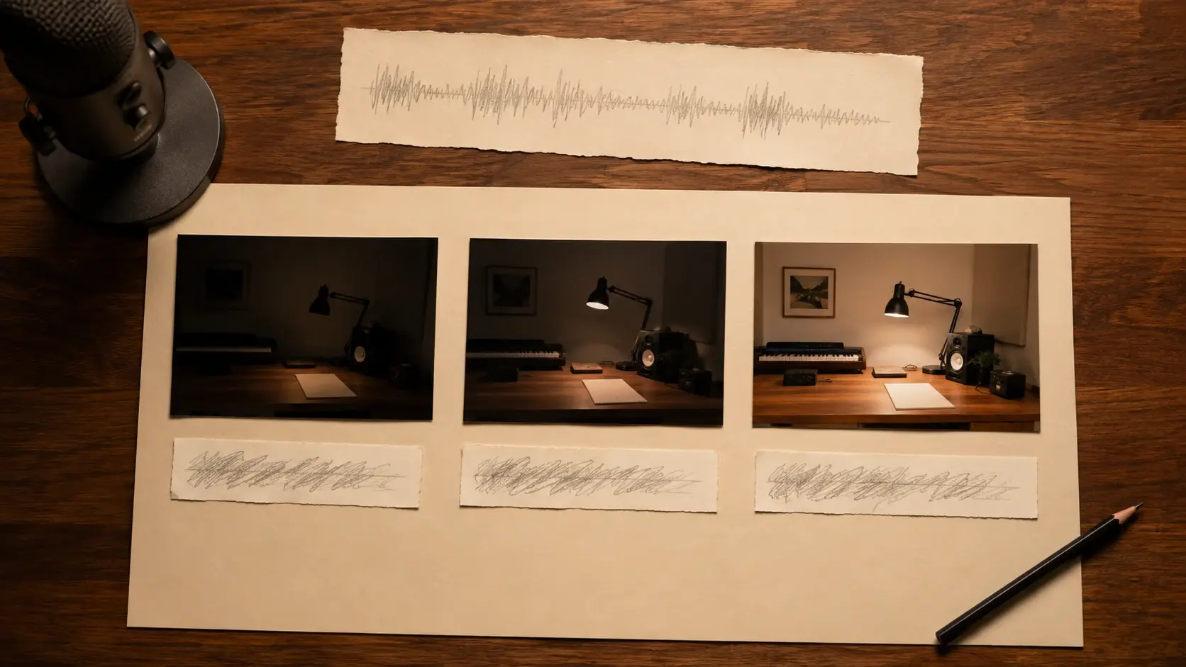 A physical caption and voiceover review board with three paper scene cards and paired caption strips
