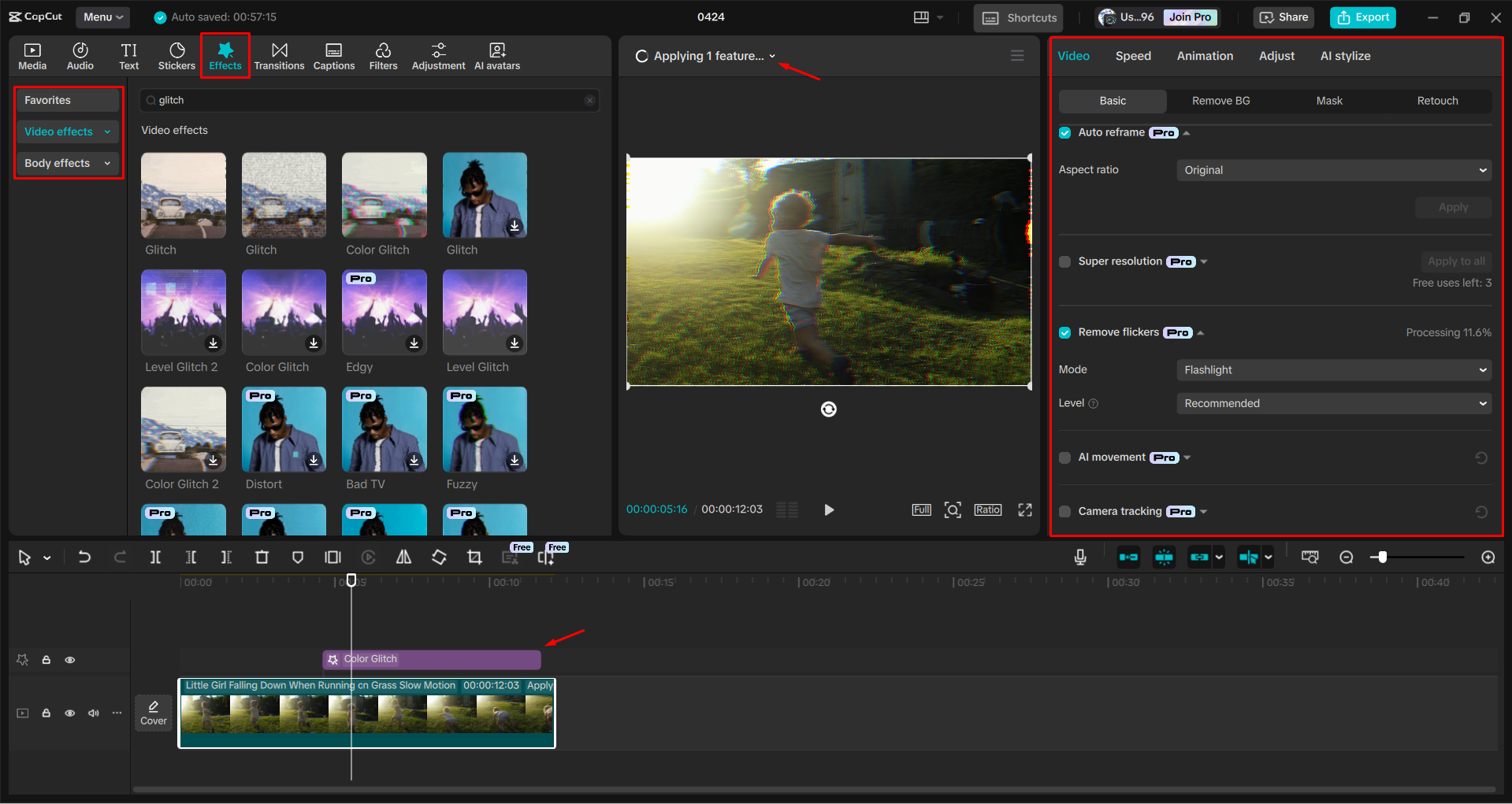 Применение эффекта глюка к видео с помощью настольного видеоредактора CapCut