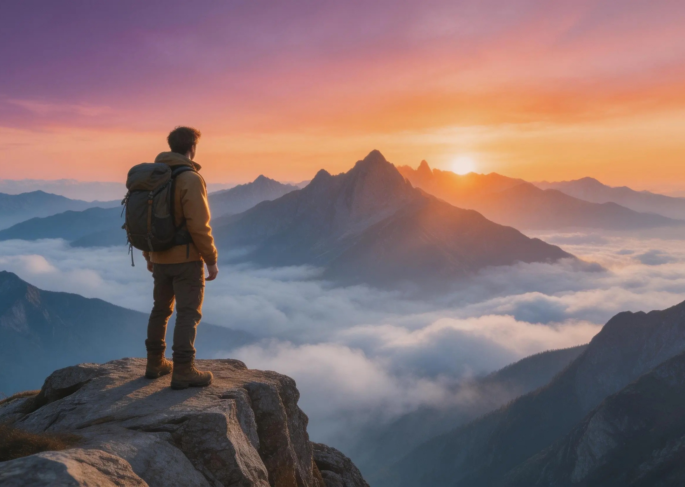 Generate a dramatic mountain landscape background for the backpacker