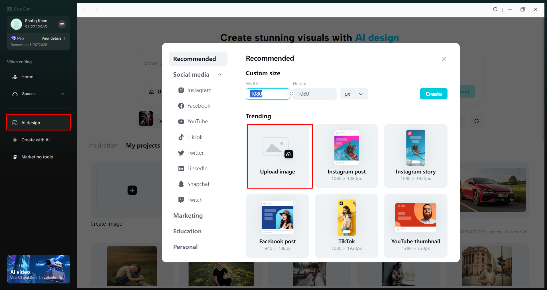 Accessing the AI Design tool in the CapCut desktop video editor
