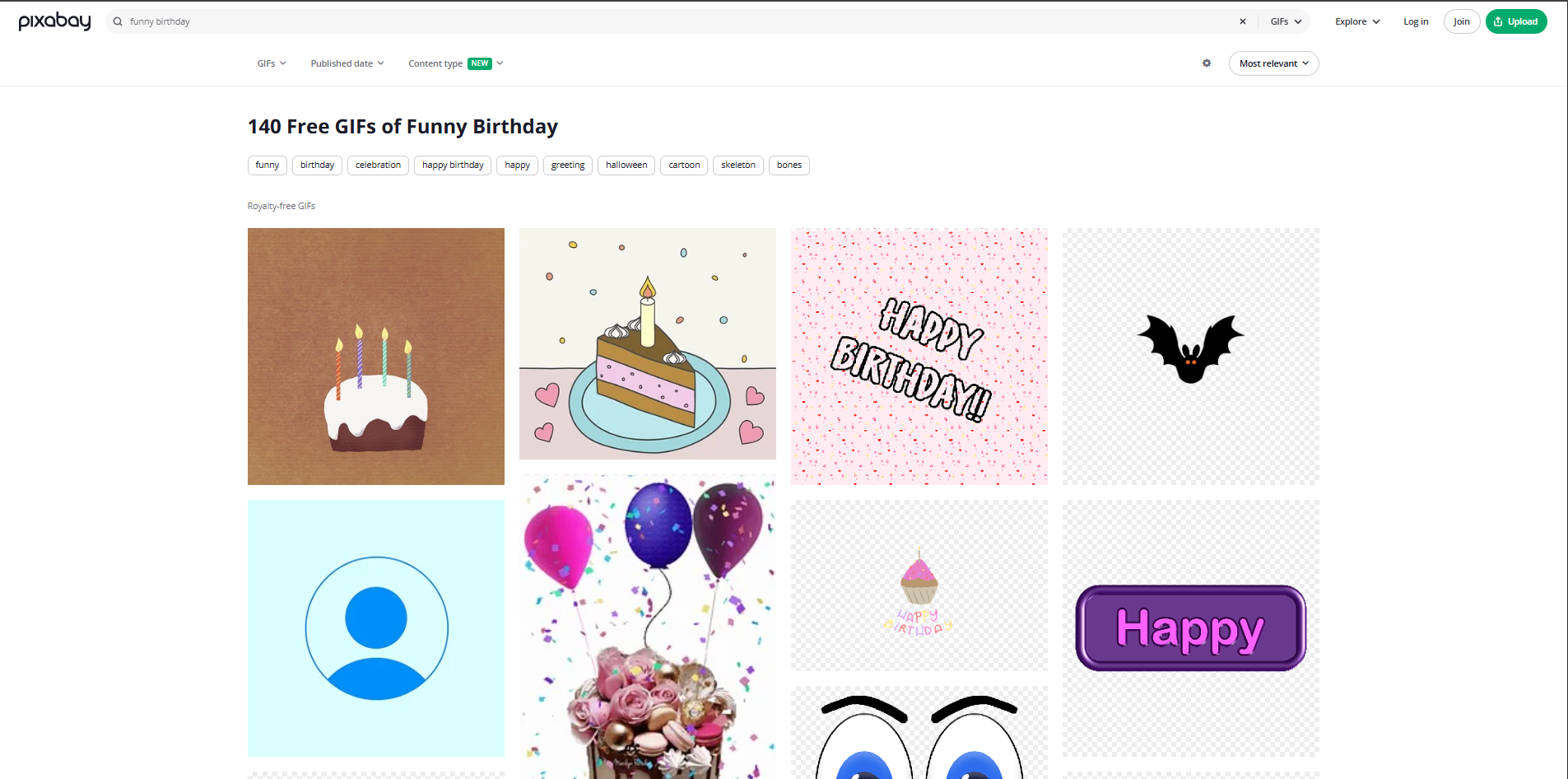 Interface do Pixabay - um site com diversos GIFs engraçados de aniversário.