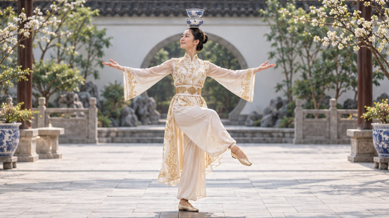 高階逼真16:9 STILL關鍵幀，原創成年女性象牙色和金色服裝雙臂輕輕伸展，單膝抬起，兩個青白瓷碗疊在頭上，寬敞的淡石頭庭院表演設定柔和的午後光線，全身頭部疊手鞋，頭部空間寬敞，沒有文字標誌水印。