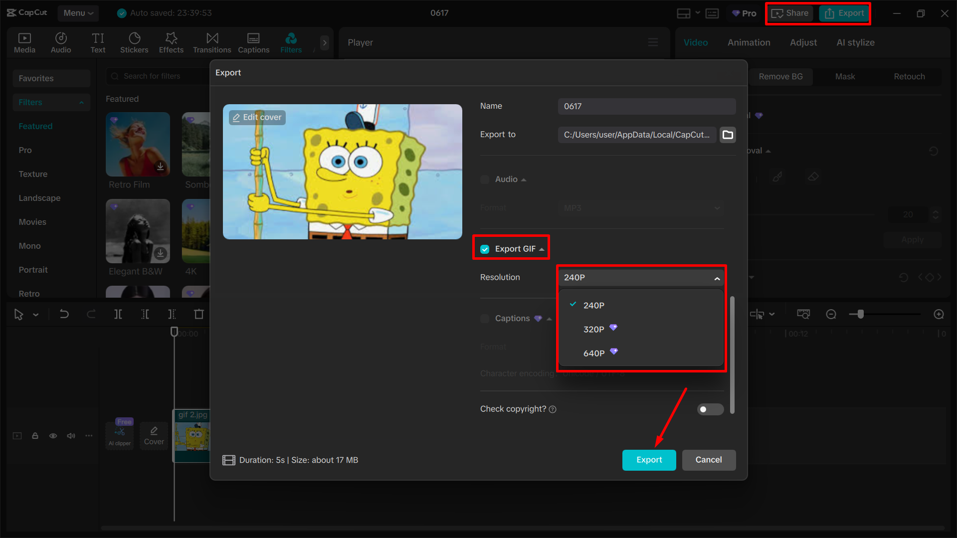 Exporting video as GIF from the CapCut desktop video editor