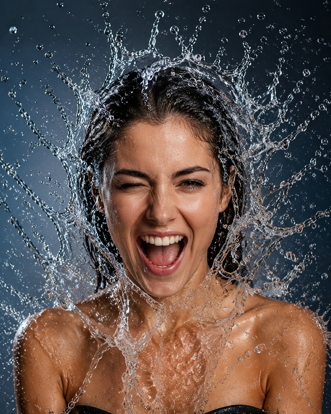 Dreamina AI splash water effect portrait prompt example 1: Frozen Water Splash Portrait