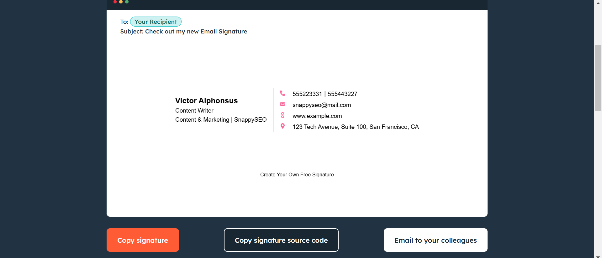 HubSpot's email signature interface