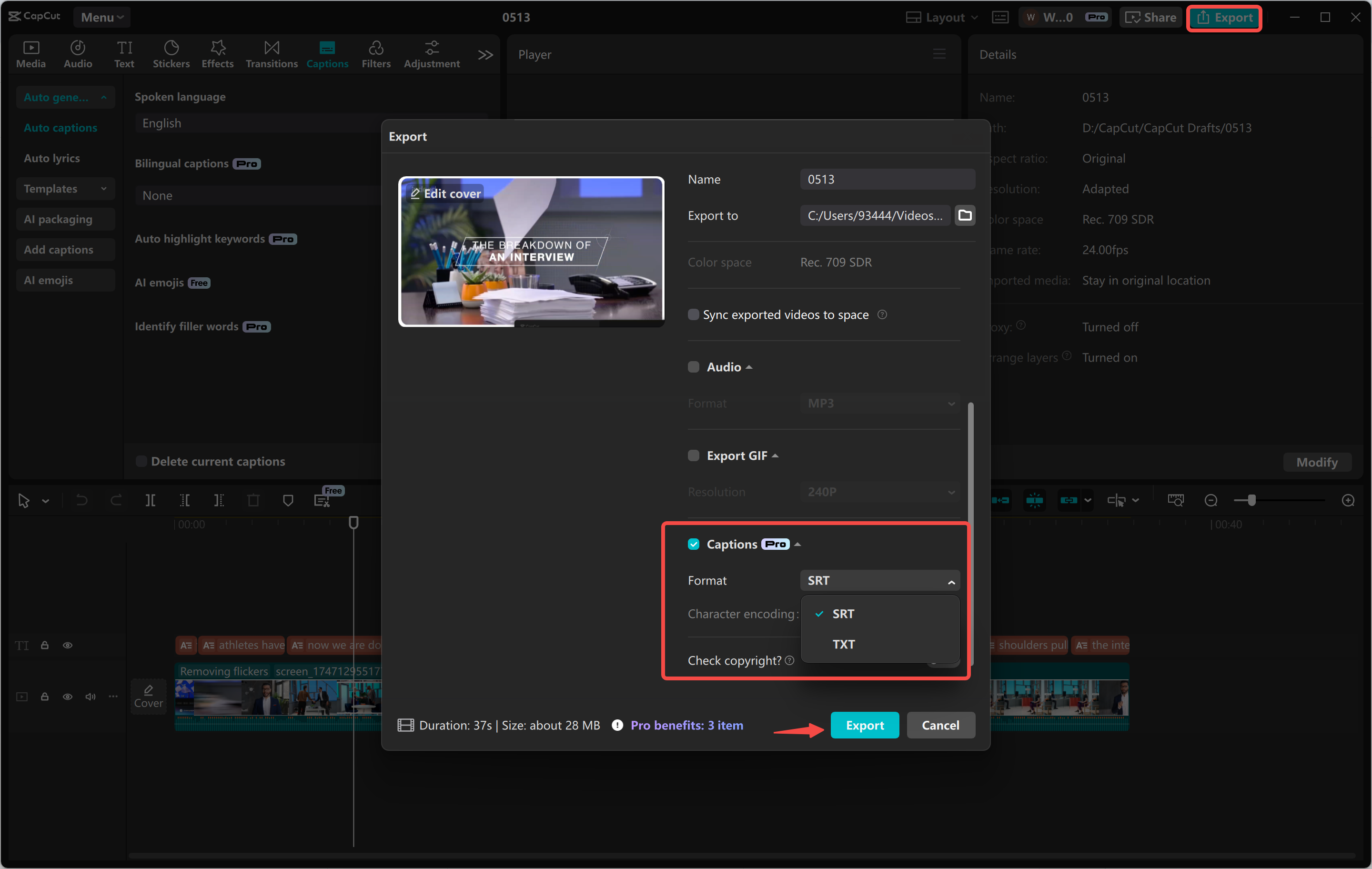 Exporting the video from the CapCut desktop video editor