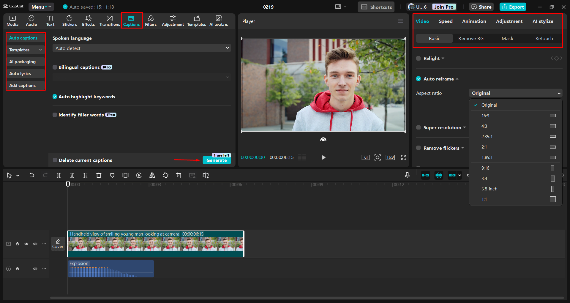 Автоматичне переформатування та налаштування кольорів відео в настільному відеоредакторі CapCut
