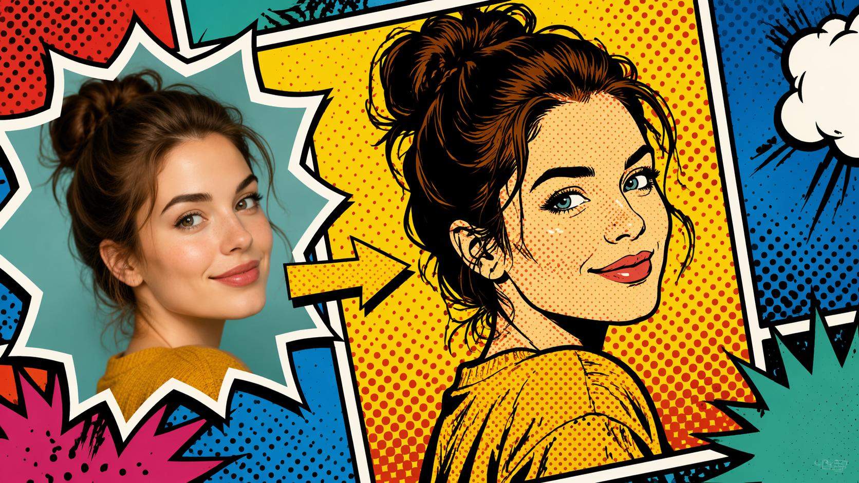 Dreamina comic book filter prompt card 2: Ilustração de rosto pop-art vintage