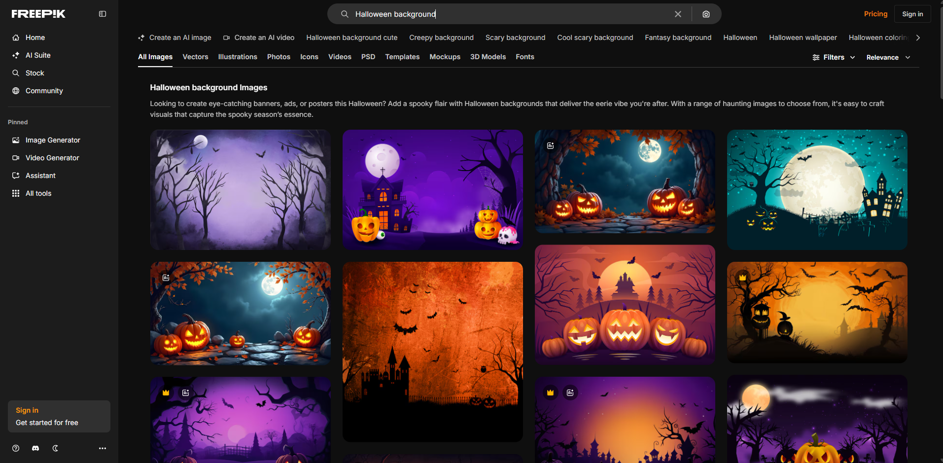 Interface of Freepik - a site with diverse Halloween backgrouds