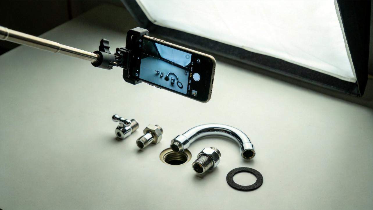 Smartphone mounted on a boom arm above faucet parts laid out on a table