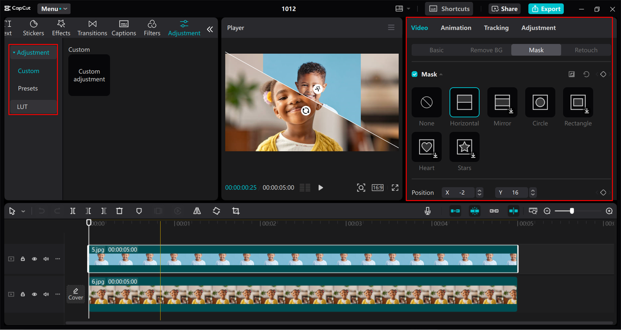 Combinazione di due immagini insieme nell' CapCut editor video desktop