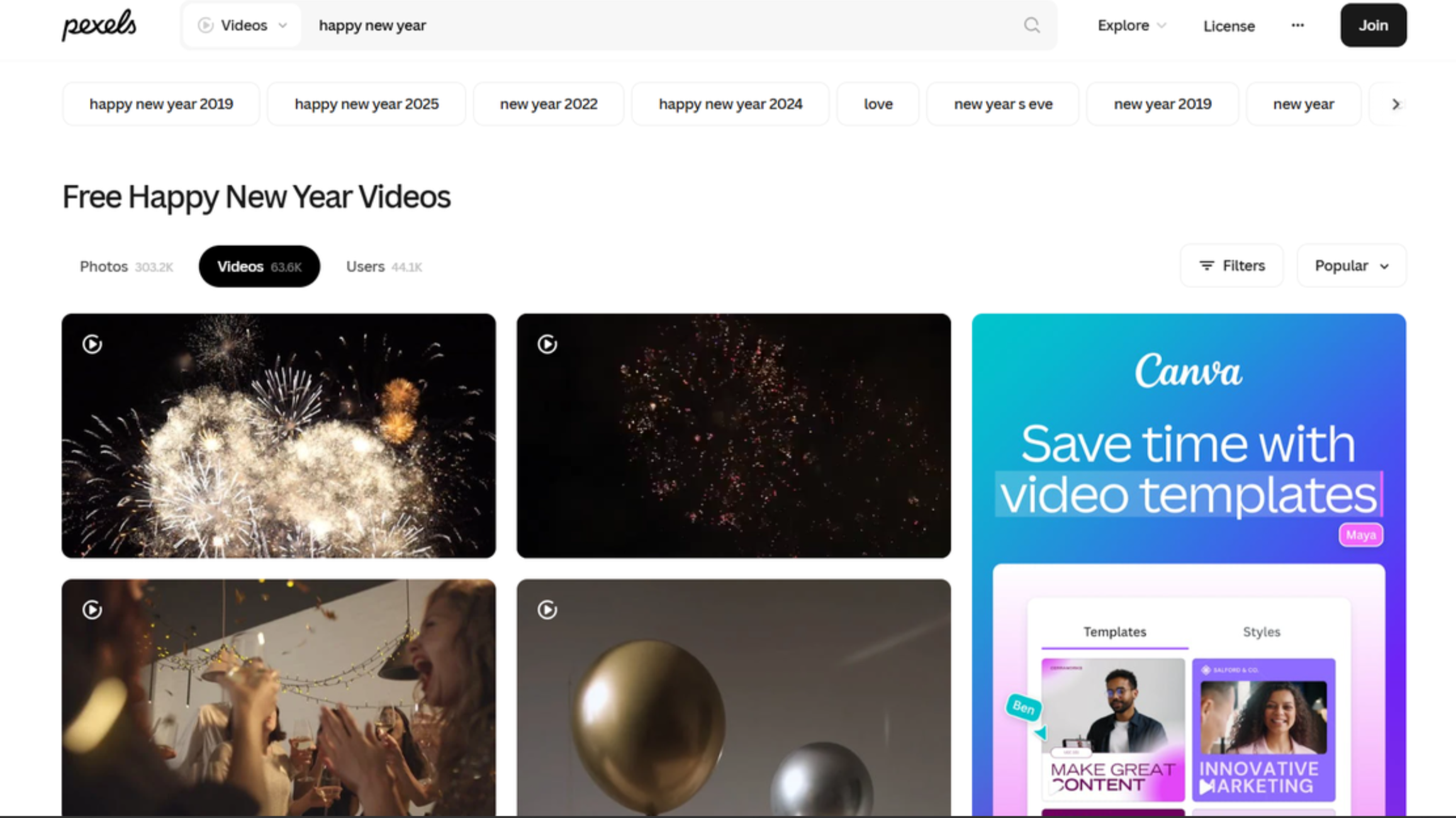 Interface of Pexels - a diverse site to download Happy New Year videos for free