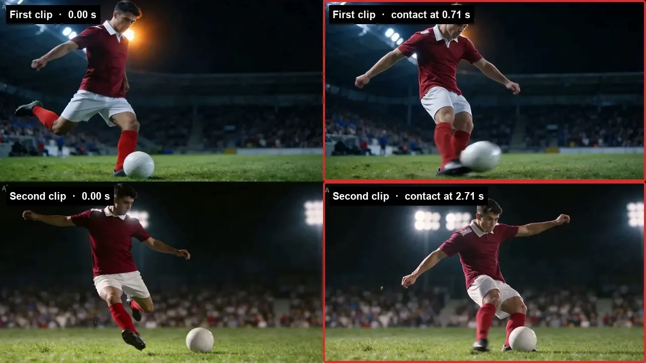 Four-panel soccer edit showing two clips, with red boxes marking contact frames