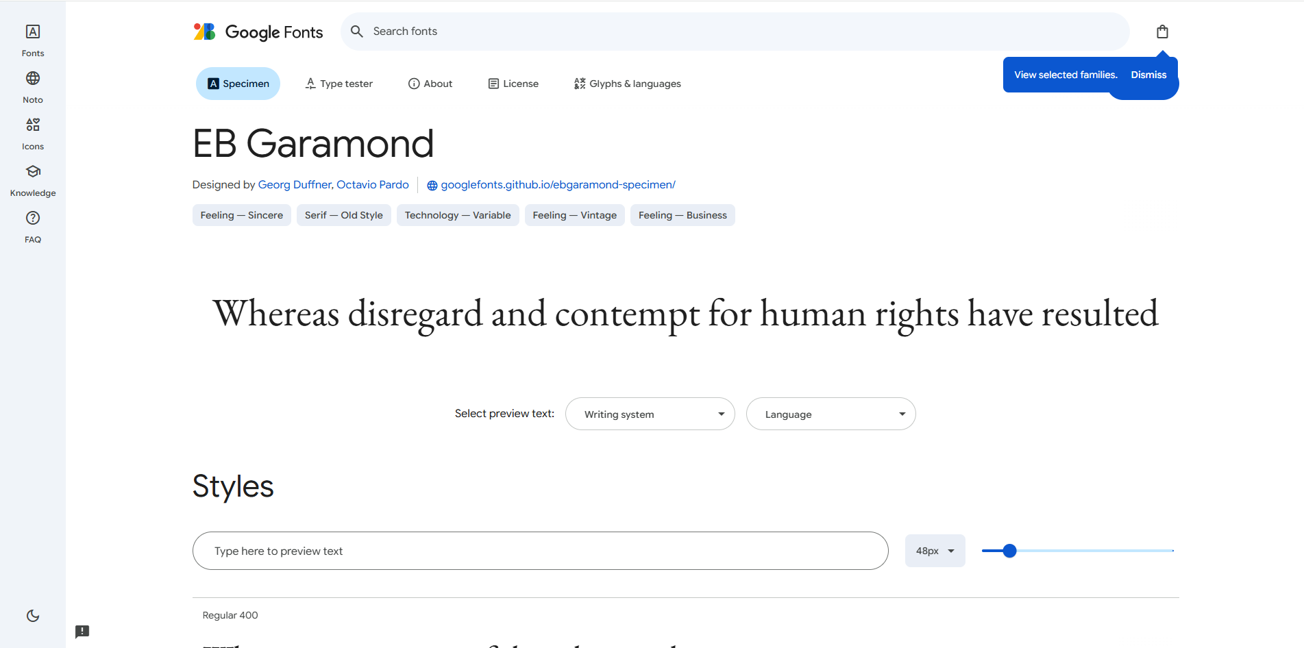 Interface of Google Fonts - the best platform to find Garamond font examples