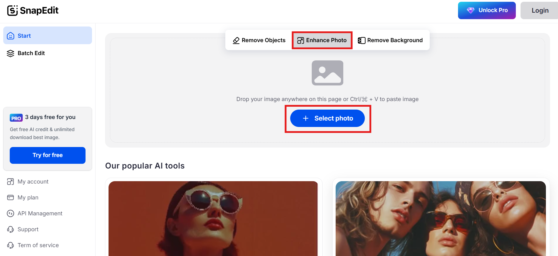 Select an editing tool and upload an image