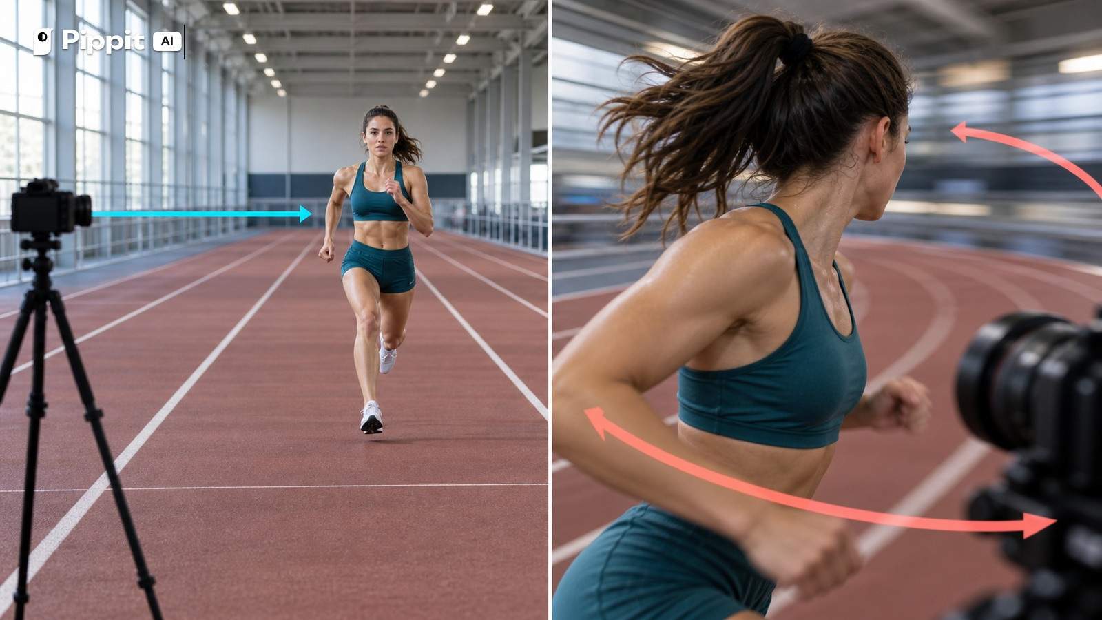 A split view compares a stable wide sprint shot with a tight orbiting camera around the same runner.