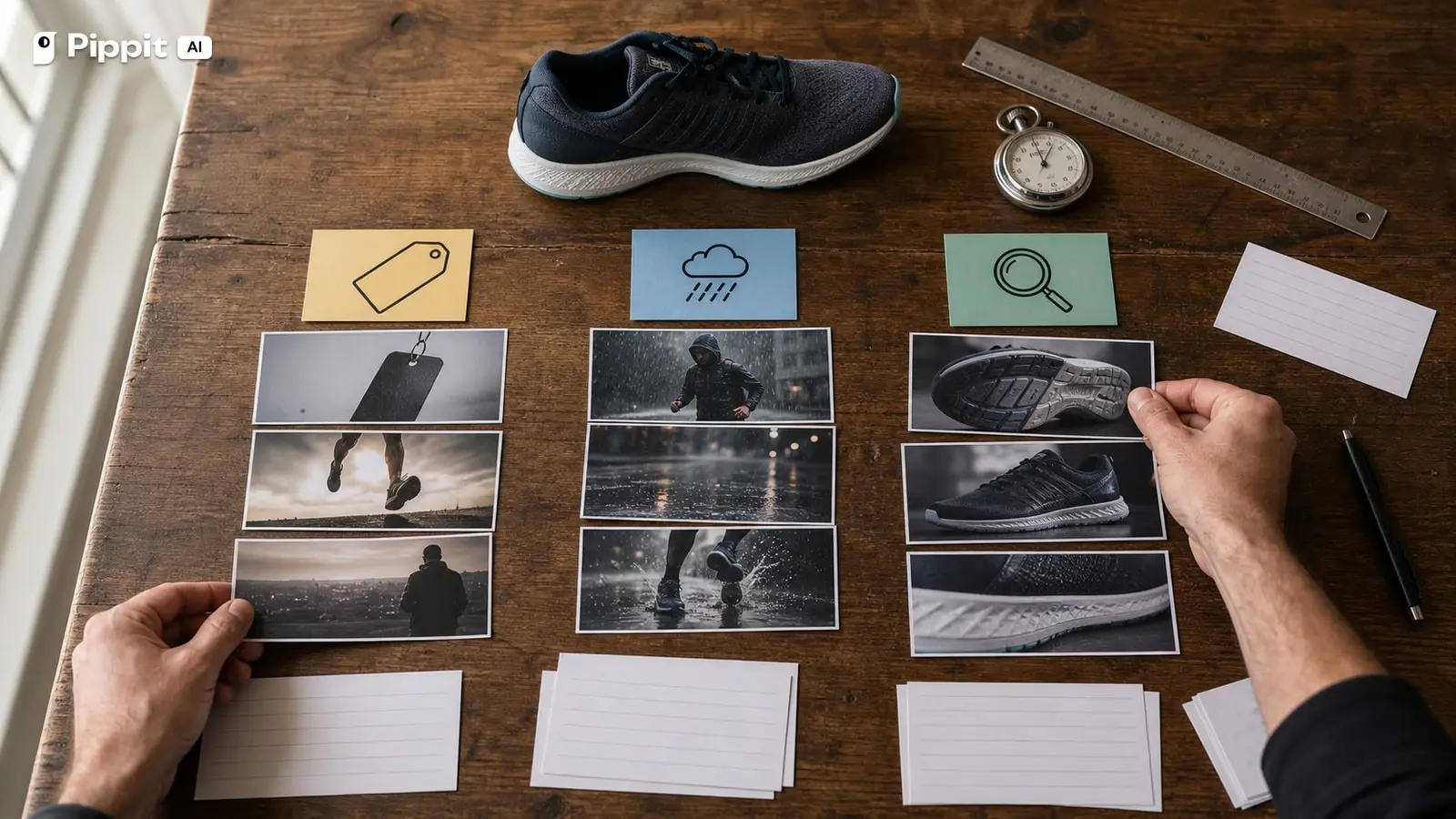 A real planning board separates the offer, audience problem, and product proof into three decision paths.