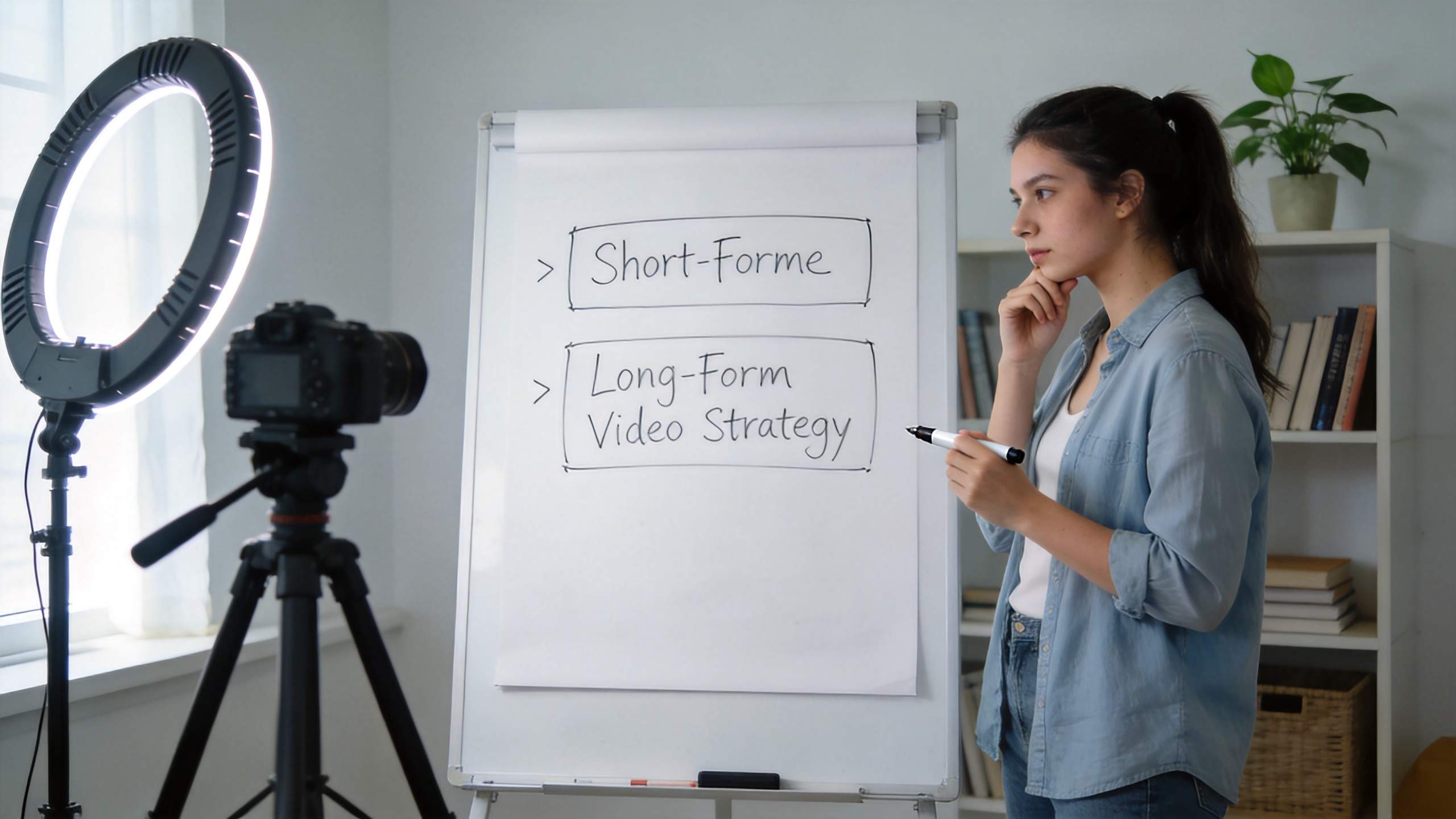 Woman presenting a whiteboard labeled Short-Form and Long-Form Video Strategy beside a camera and ring light