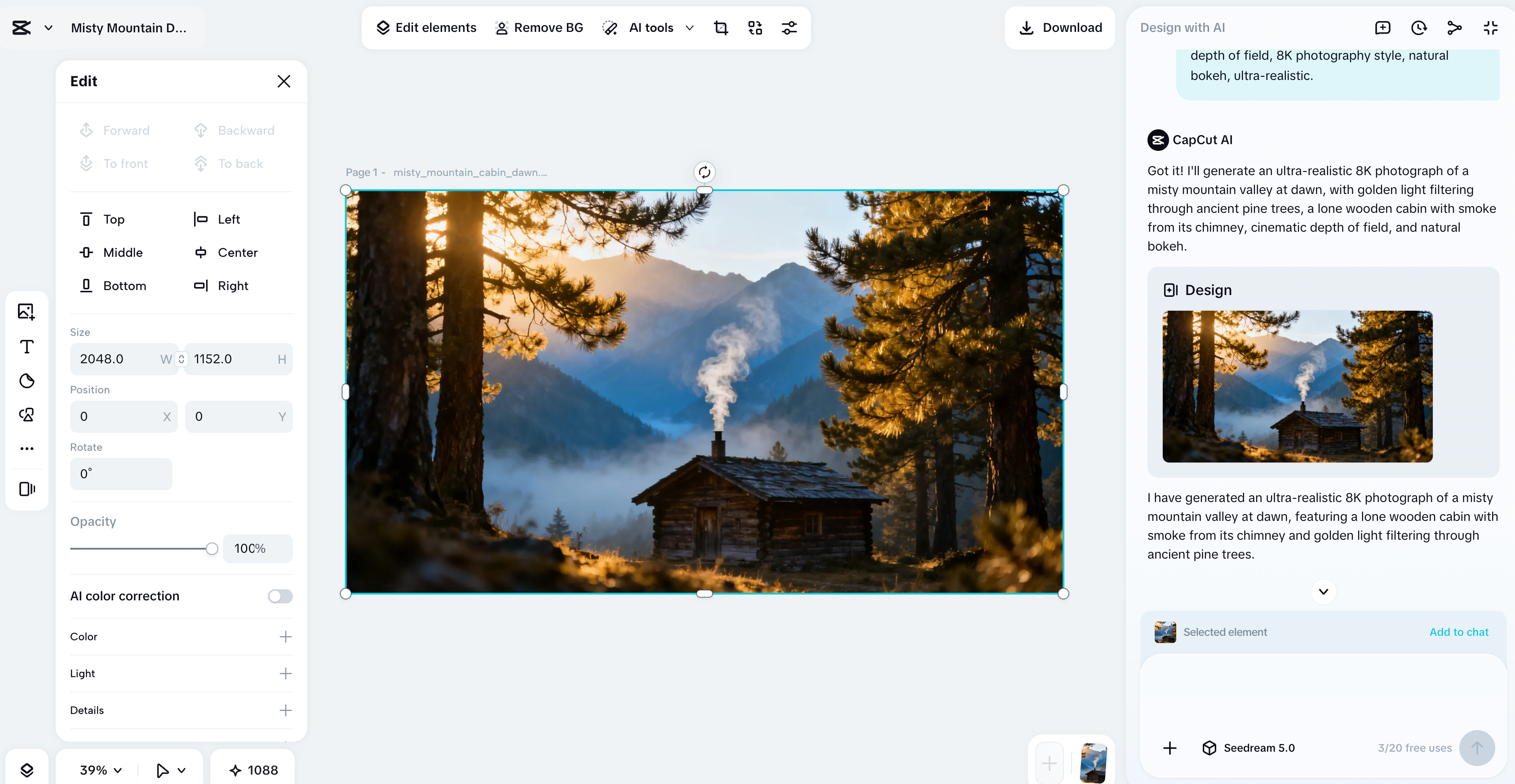 Example output — Prompt 01 in Seedream 5.0 (CapCut AI Design)