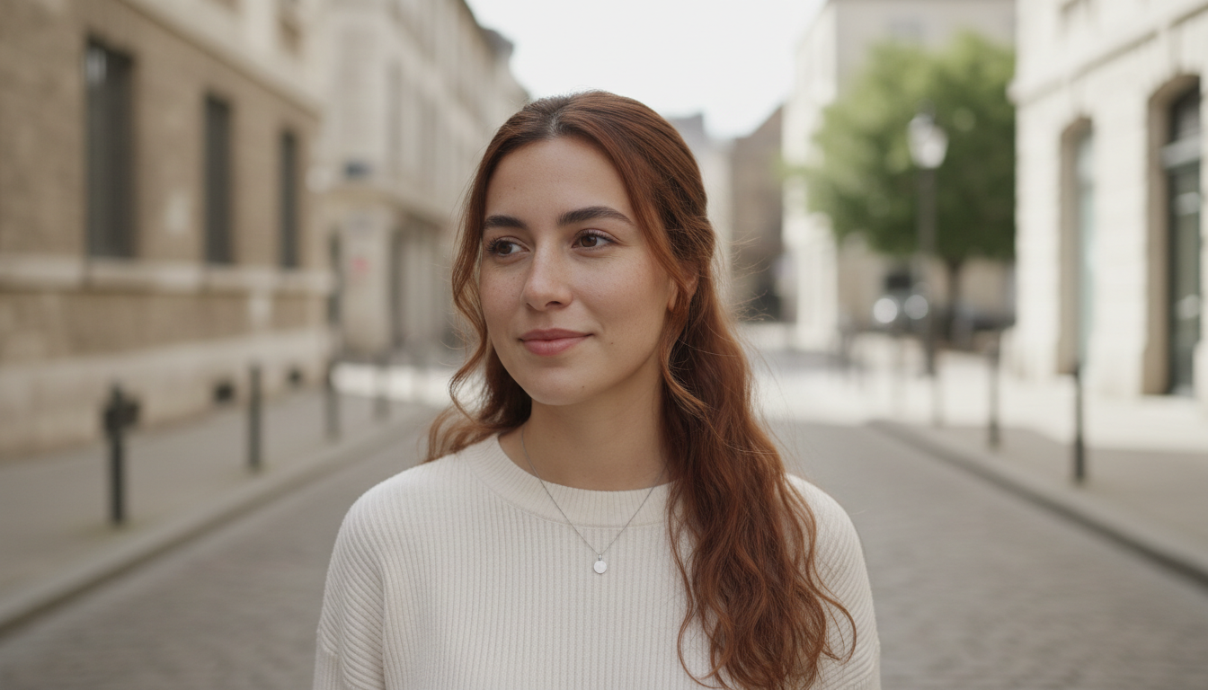 Before (horizontal): natural half-body portrait, neutral tones, clean street background, no blossoms