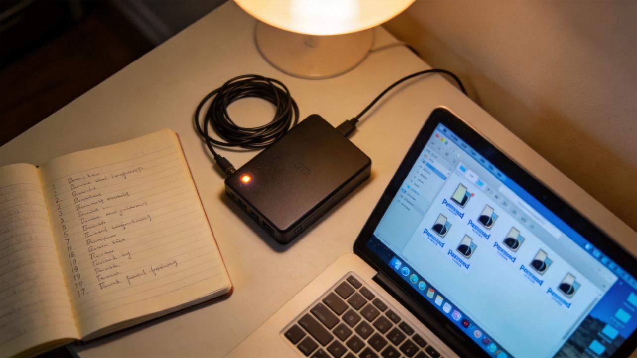 Laptop connected to an external drive beside a notebook and lamp on a desk