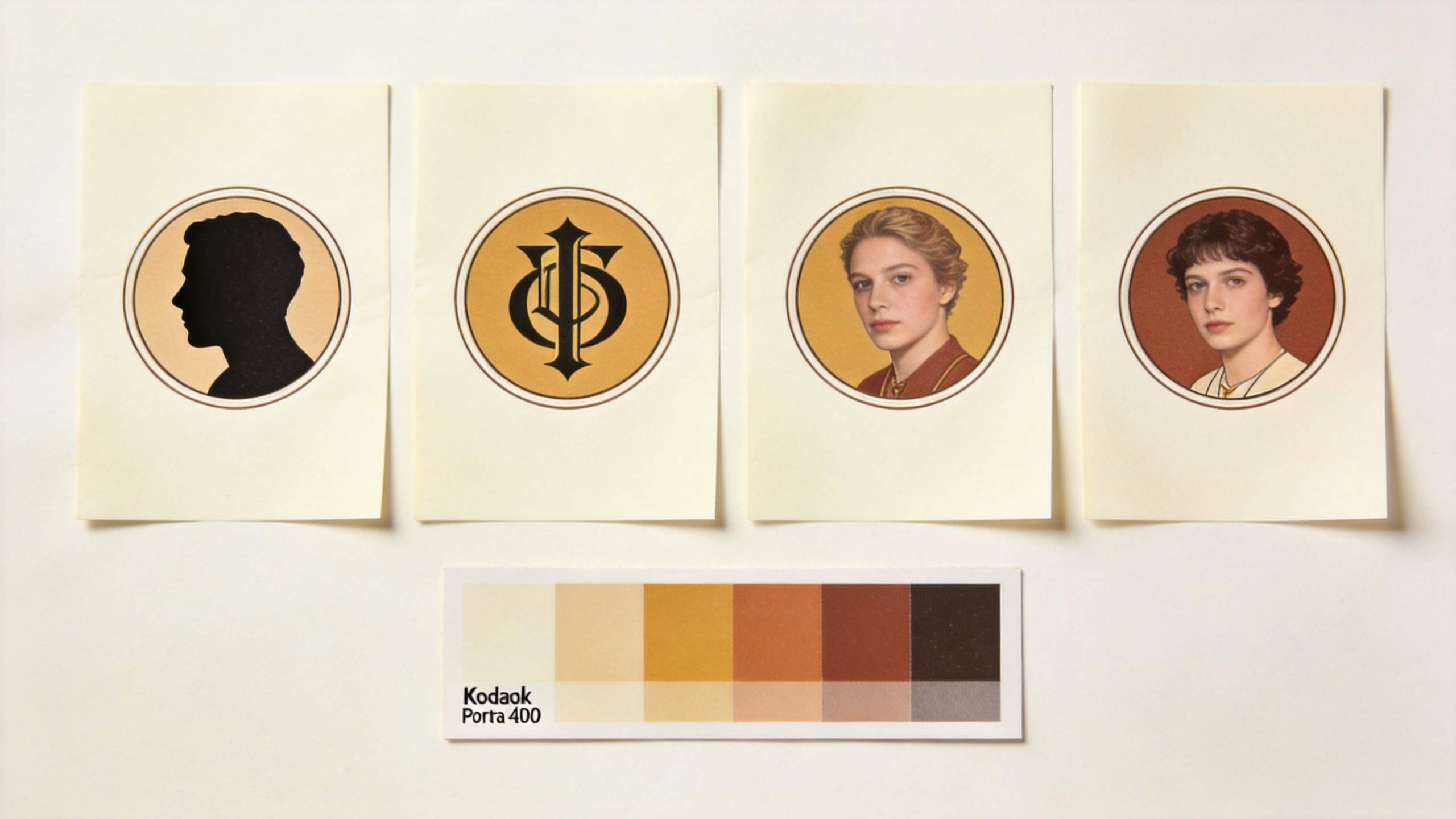 Four profile icons on cards: a silhouette, logo, and two portraits, with a color swatch below