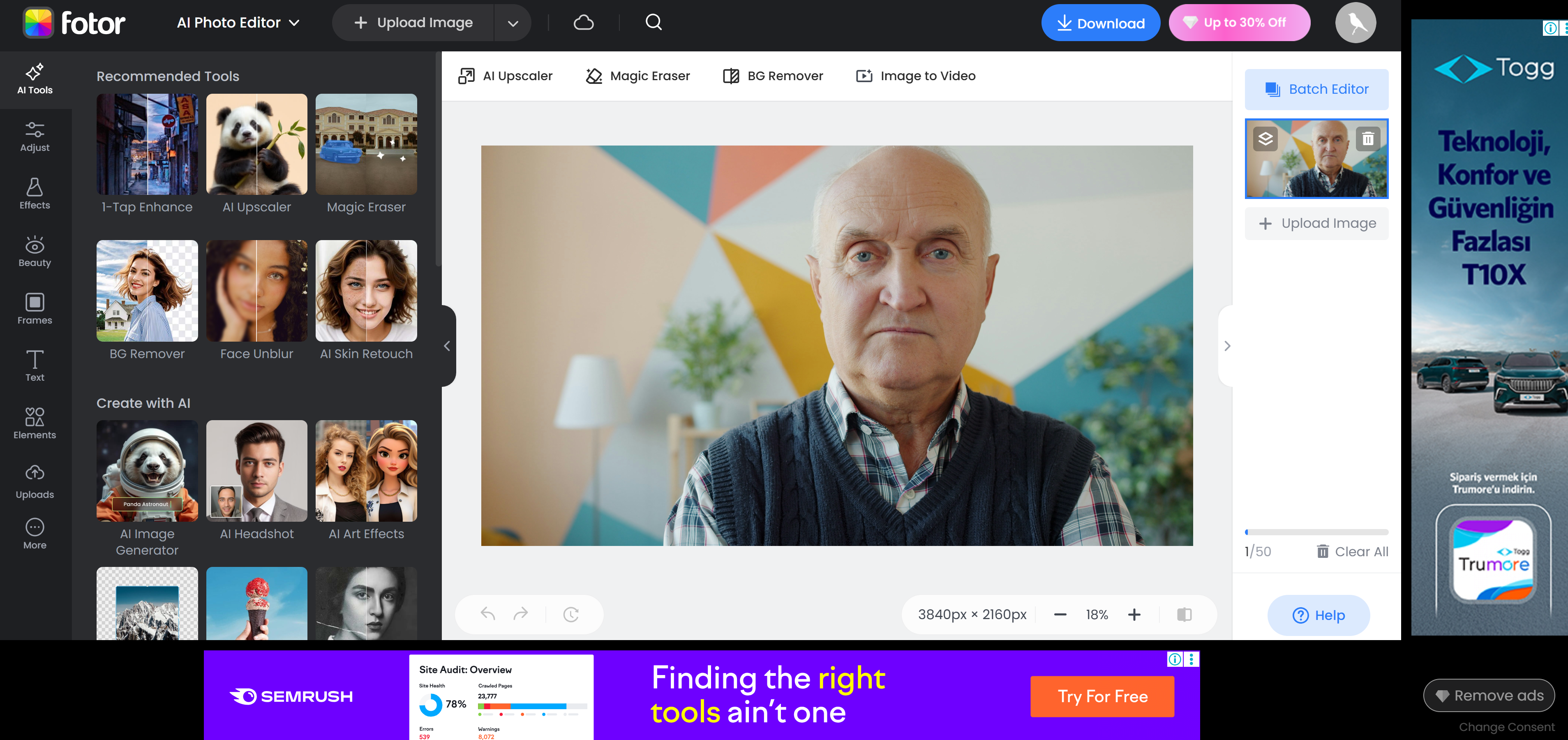 Herramienta de envejecimiento facial de Fotor AI