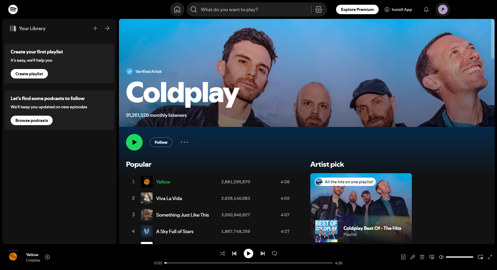 Interfaccia Coldplay Spotify