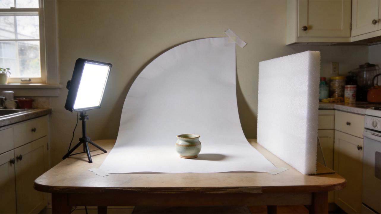 A product setup on a kitchen table with white backdrop, light panel, and foam board