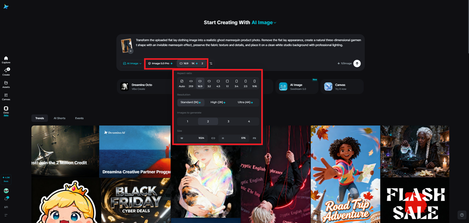 SeeDream 5.0 Pro를 선택하고 고스트 마네킹 이미지를 생성합니다.