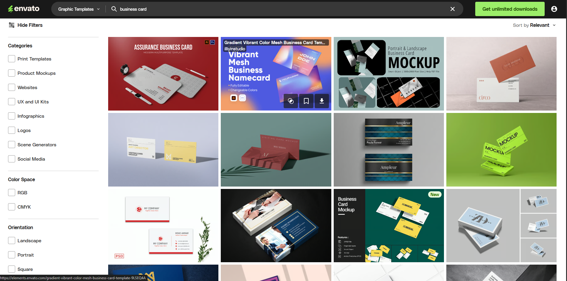 Oberfläche von Envato - eine zugängliche Seite zur Suche nach Visitenkartenvorlagen für Photoshop