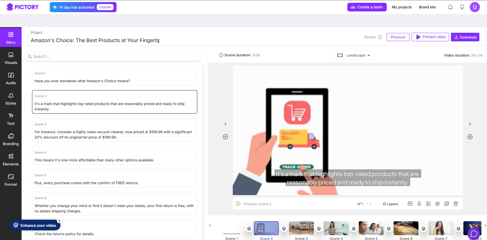 Интерфейс Pictory - бесплатного онлайн-генератора видео по URL.