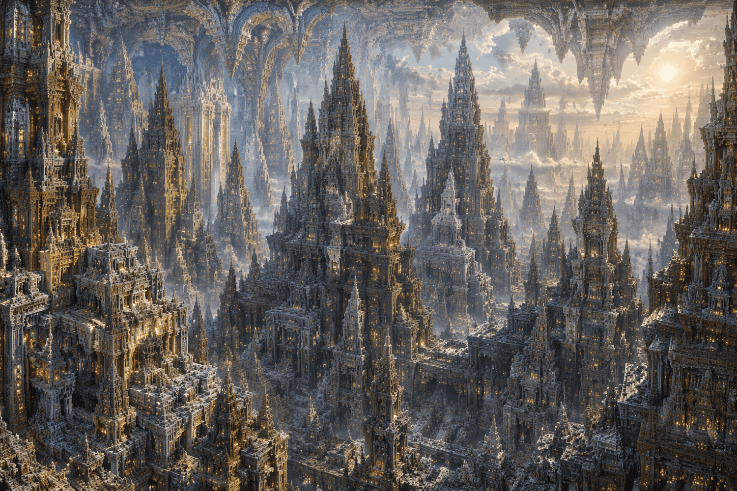 City skyline with fractal recursive texture
