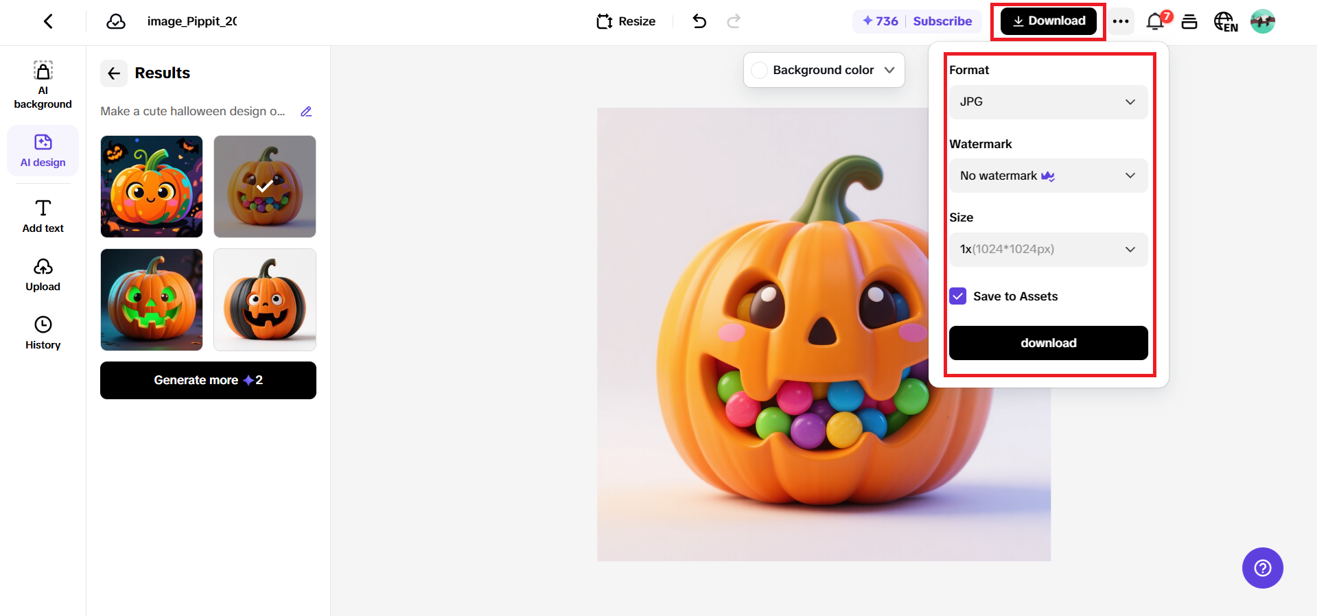 Pippit downloads assets in high-quality