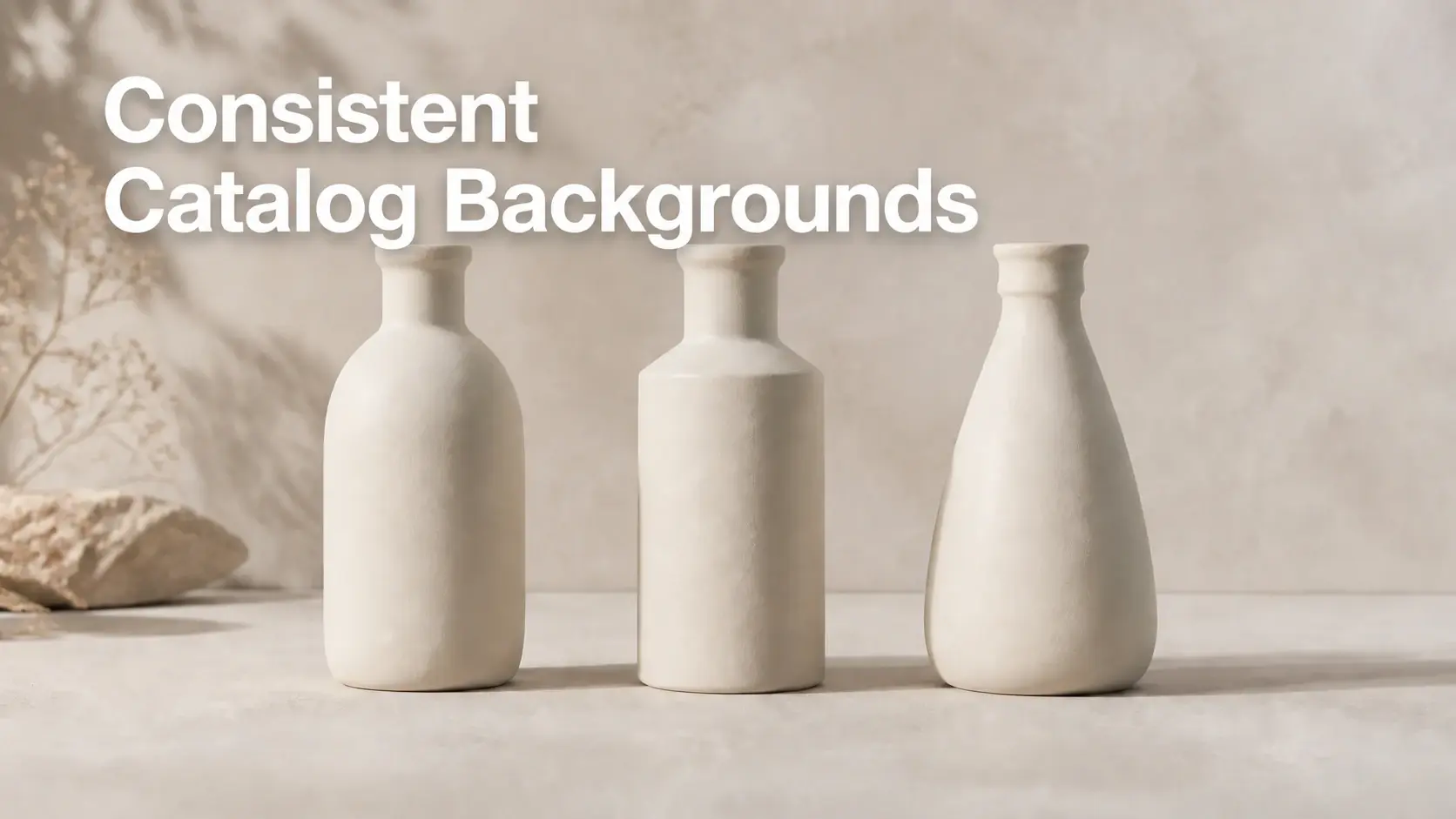 Three unbranded ceramic bottles share one studio background and light direction.